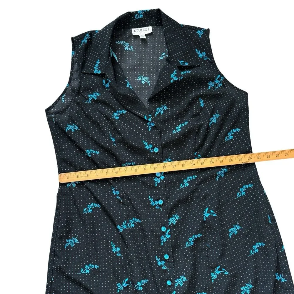 Studio I Shirt Dress Womens 12W Black Blue Floral Polka Dot Sleeveless Cottage